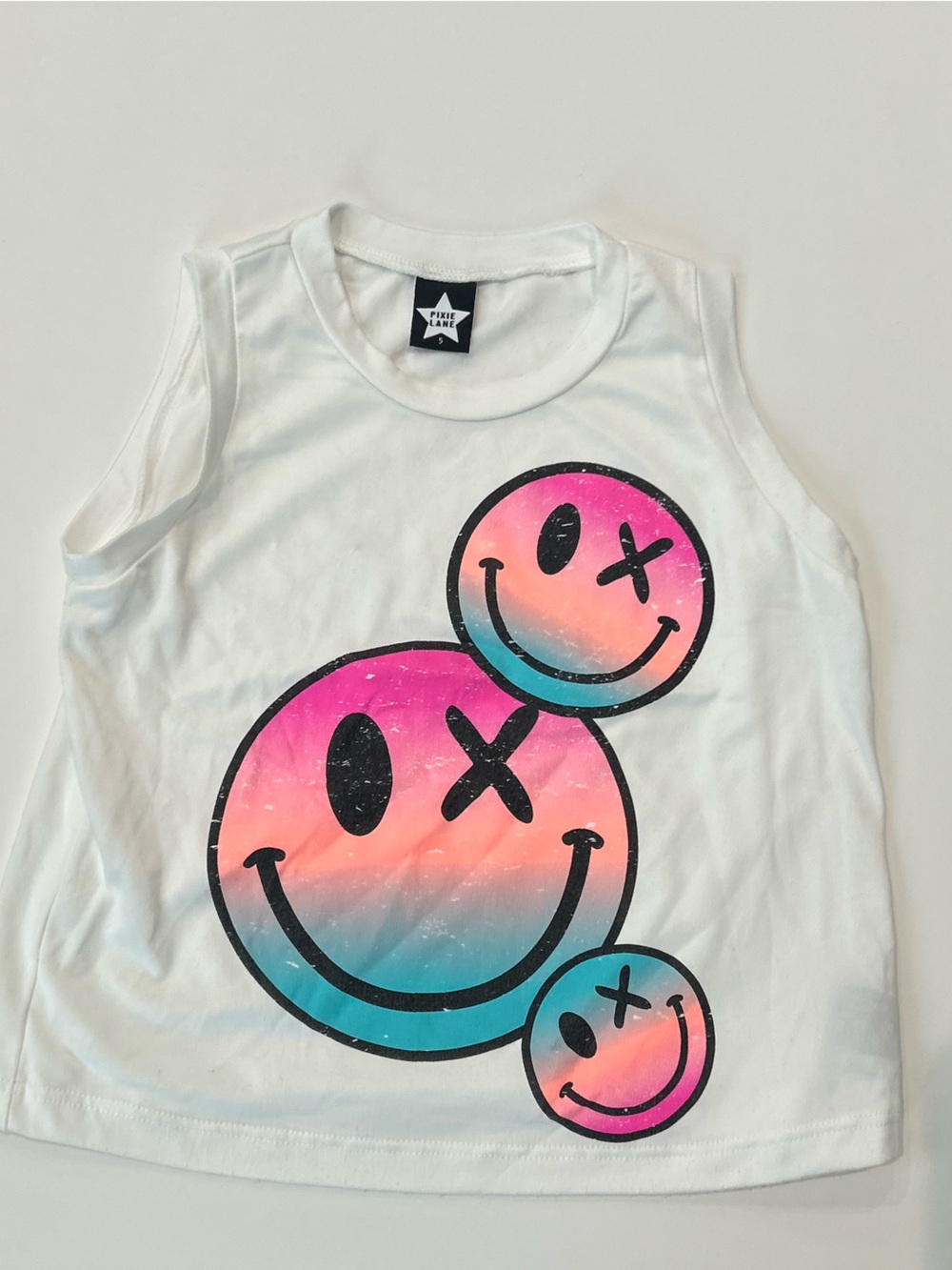 Pixielane White Graphic Smiley Tee with Pink-Blue Gradient Faces, Size 5